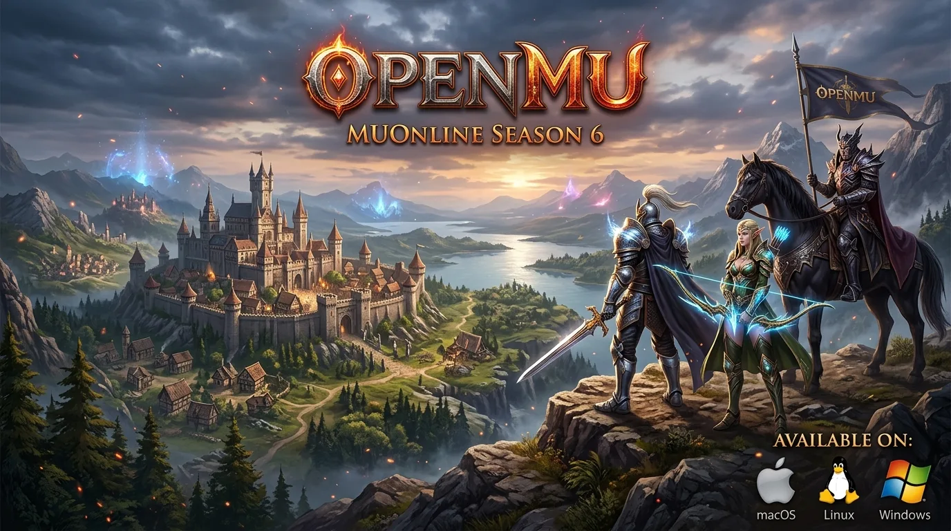 Guia de Iniciante do MU Online Season 6: cavaleiro, elfa e Dark Lord diante do castelo de Lorencia