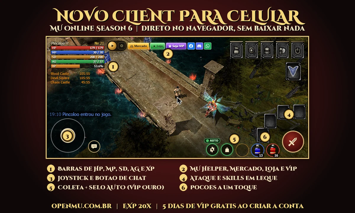Novo client do OpenMU para celular: joystick, ataque, skills, poções e coleta