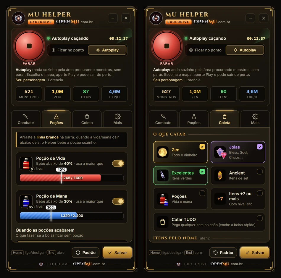Abas Poções e Coleta do novo MU Helper